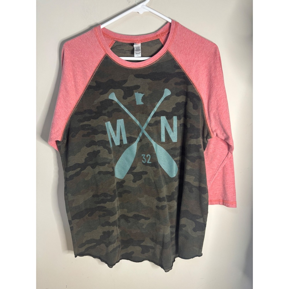 Sota Clothing Co Minnesota Camo Raglan Baseball Tee Pink 3/4 Sleeve Womens Large